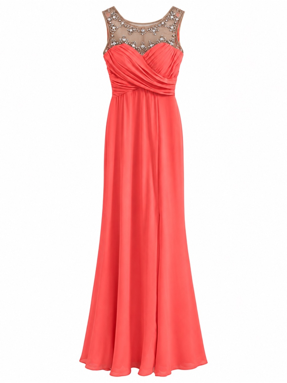 City Triangles Coral Bead Illusion Neck Gown High Slit Flare Skirt – Size 7 EUC